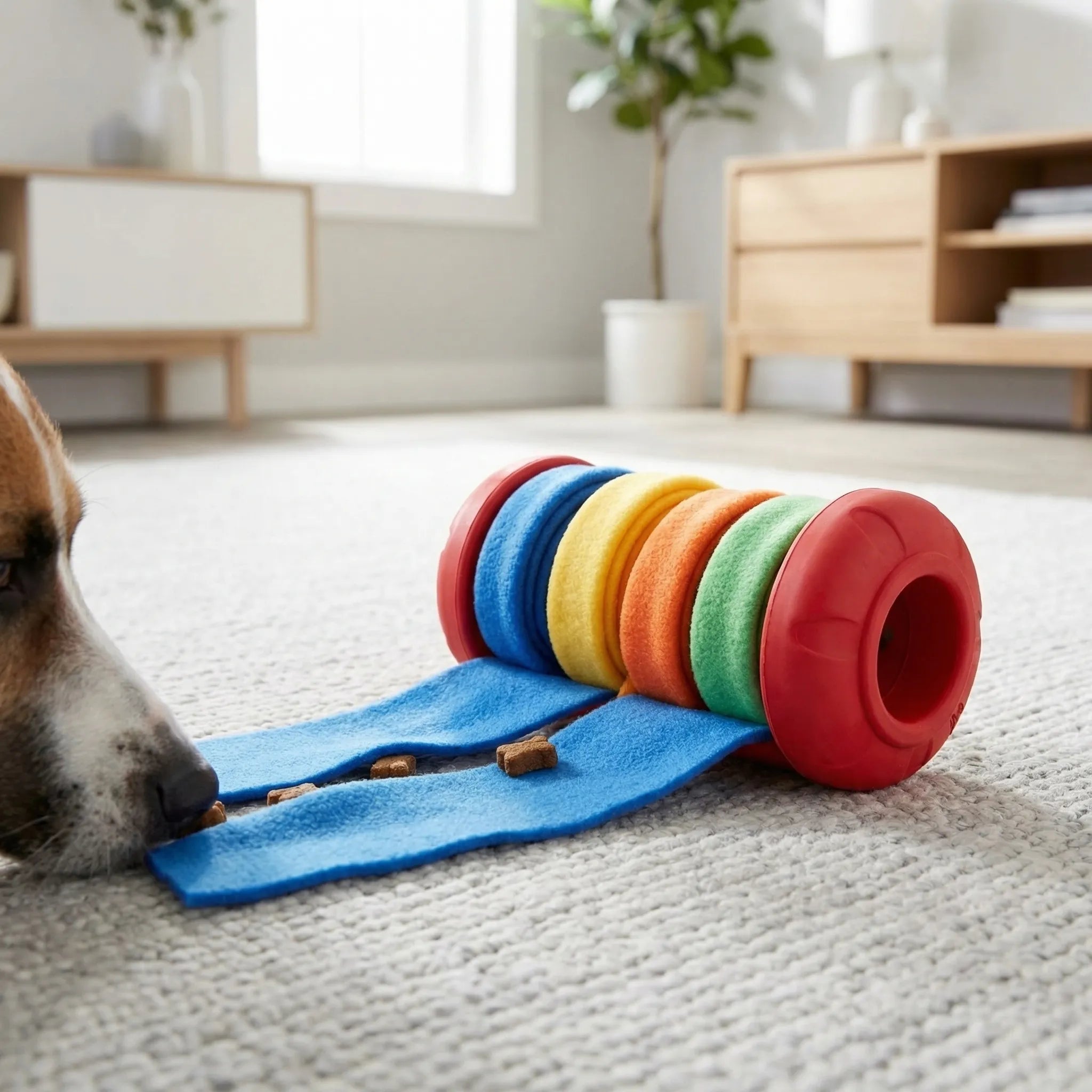 Interaktiver Schnüffelball für Hunde mit Leckerli-Taschen und Riemengriff