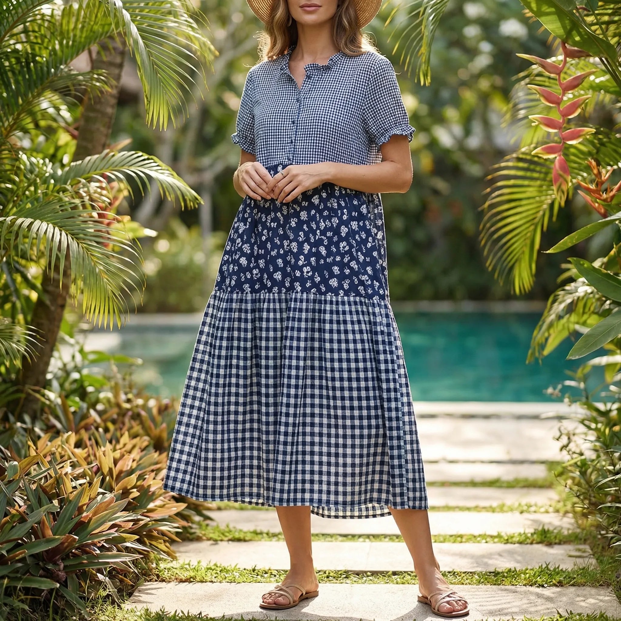 Nordspur | Tarlanelle Tiered Plaid And Floral Patchwork Midi Dress