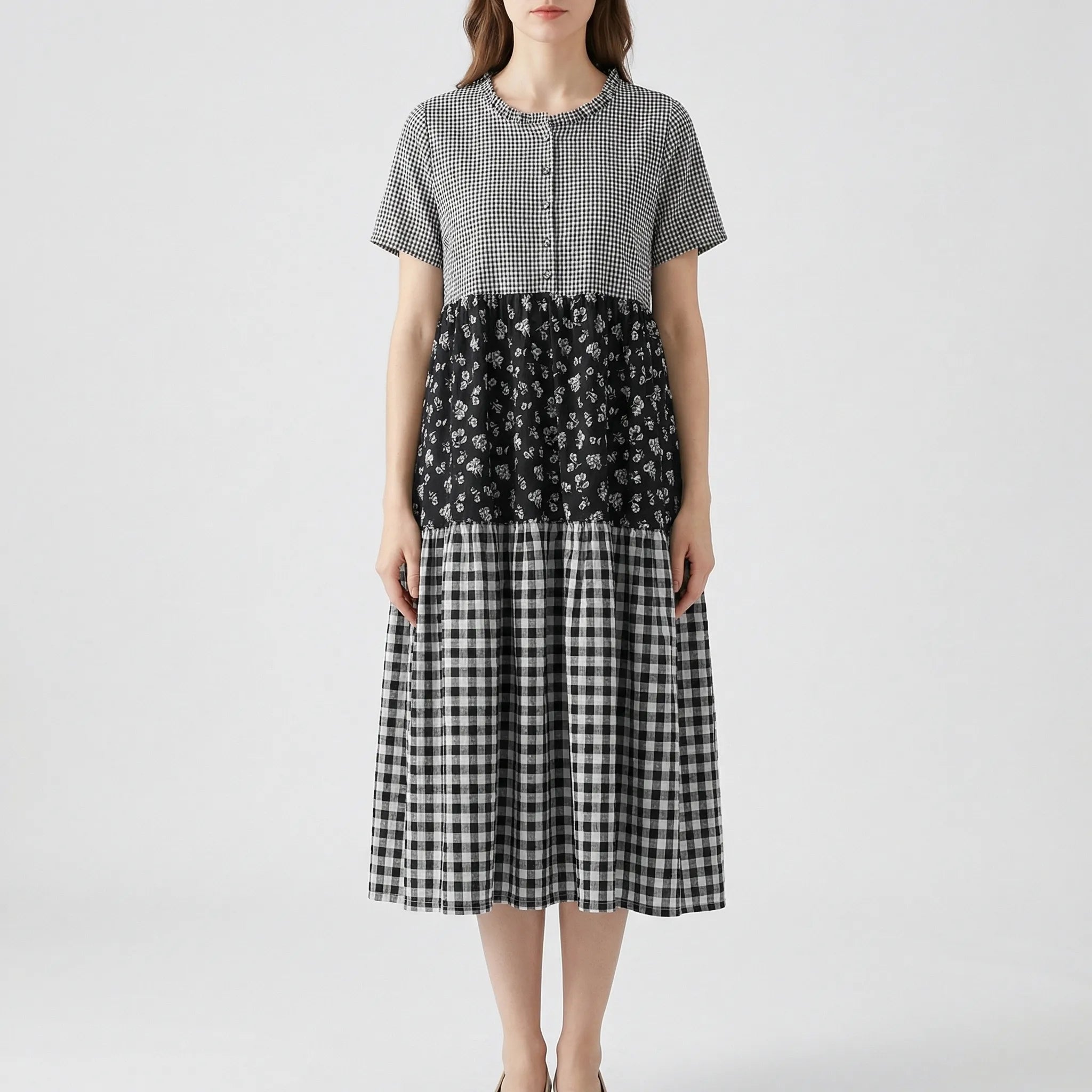 Nordspur | Tarlanelle Tiered Plaid And Floral Patchwork Midi Dress