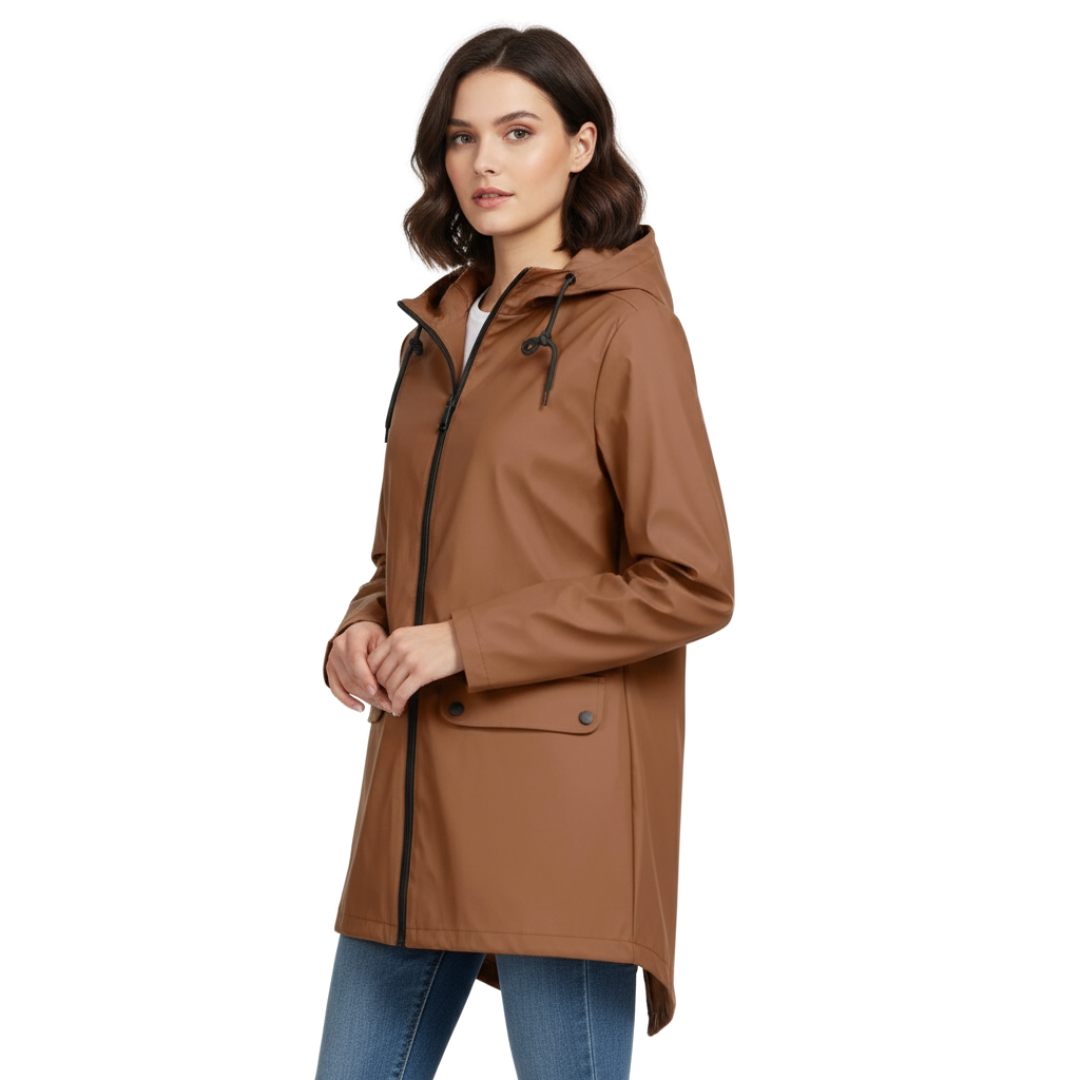 Women’s Long Waterproof Hooded Raincoat – Lightweight Windproof Jacket with Pockets