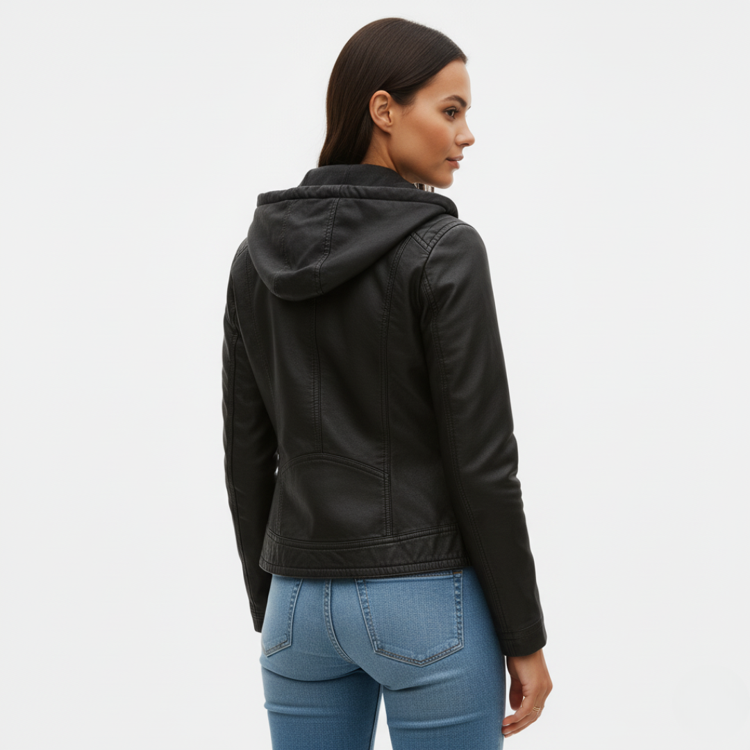 Women’s Waterproof Vegan Leather Biker Jacket with Hood