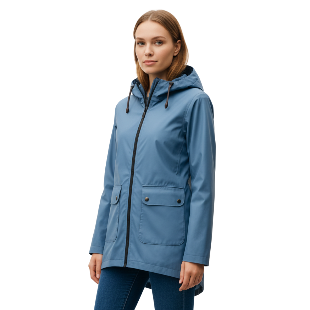 Women’s Long Waterproof Hooded Raincoat – Lightweight Windproof Jacket with Pockets