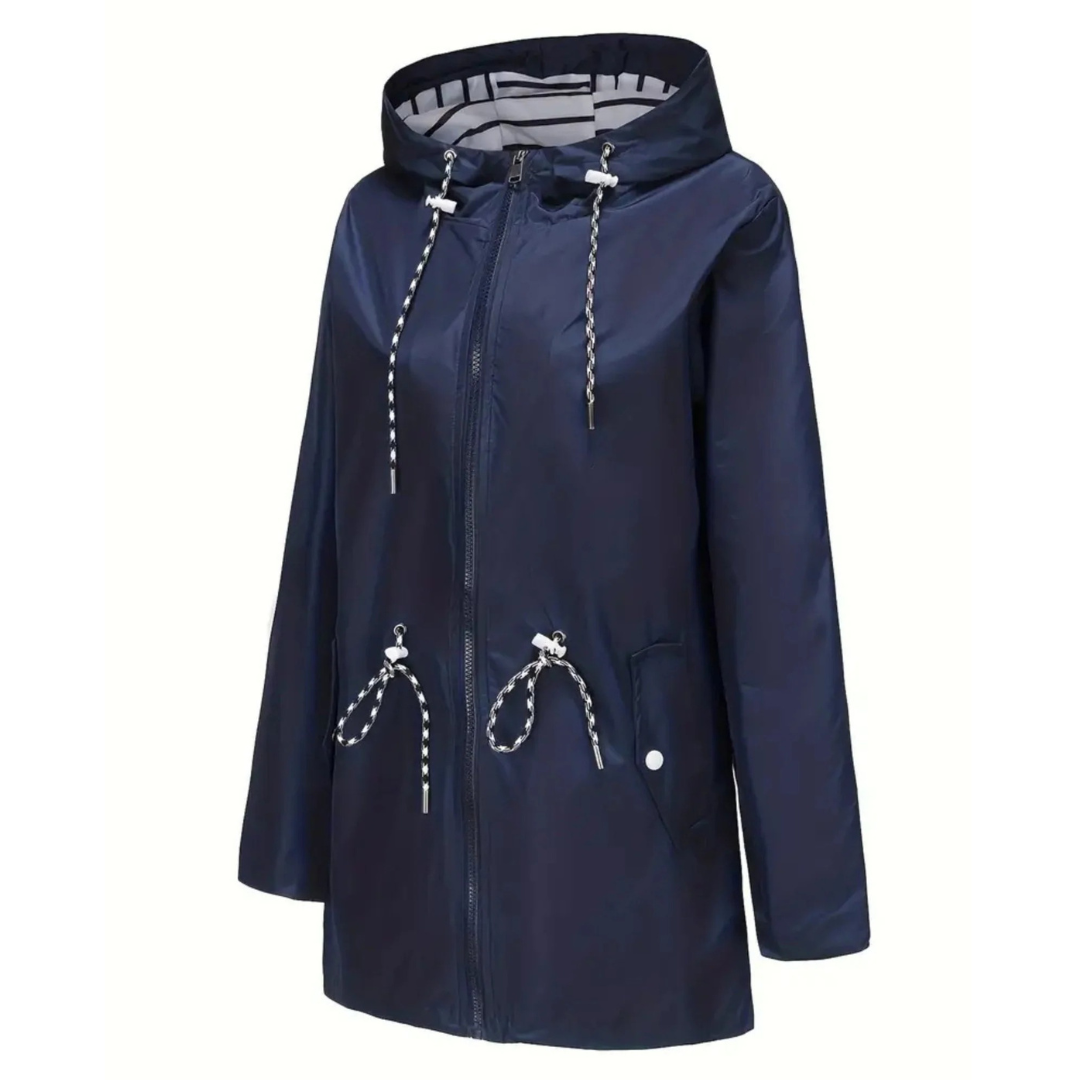 Women’s Waterproof Lightweight Jacket with Adjustable Waist – Hooded Raincoat