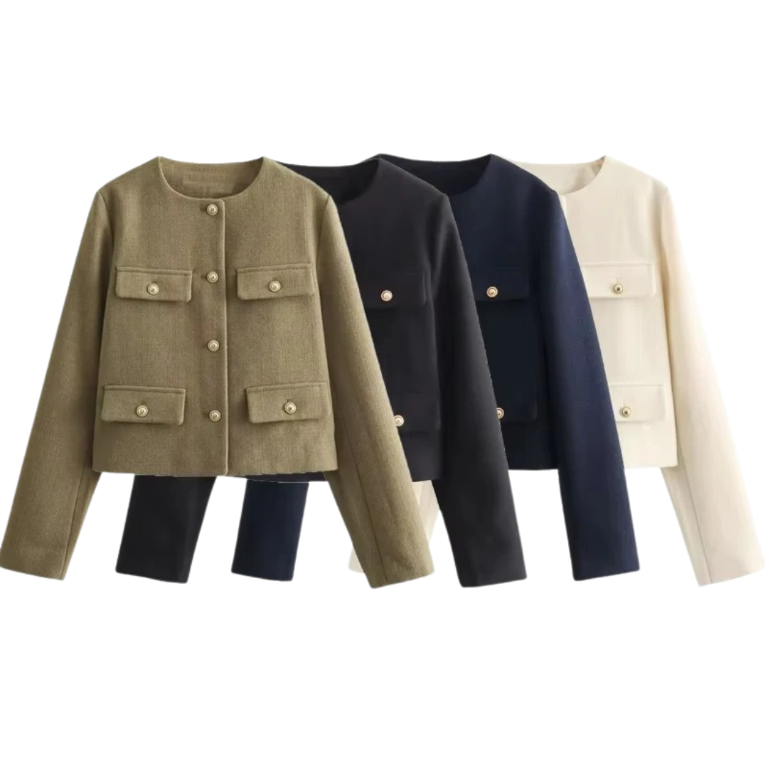 Women’s Cropped Bouclé Tweed Jacket – Elegant Gold Button Cardigan Blazer