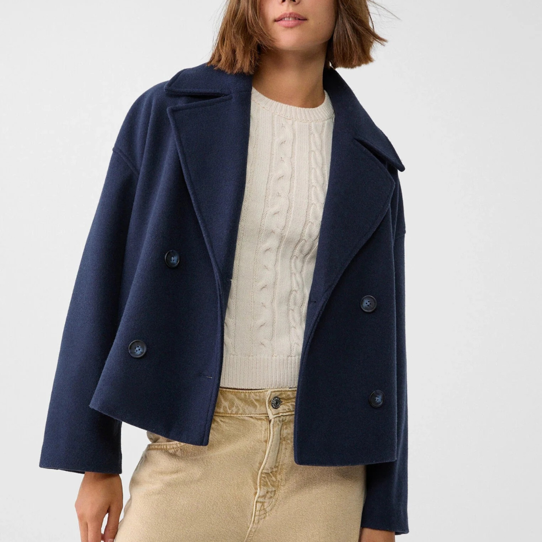 Women’s Cropped Wool Coat – Vintage Double-Breasted Jacket