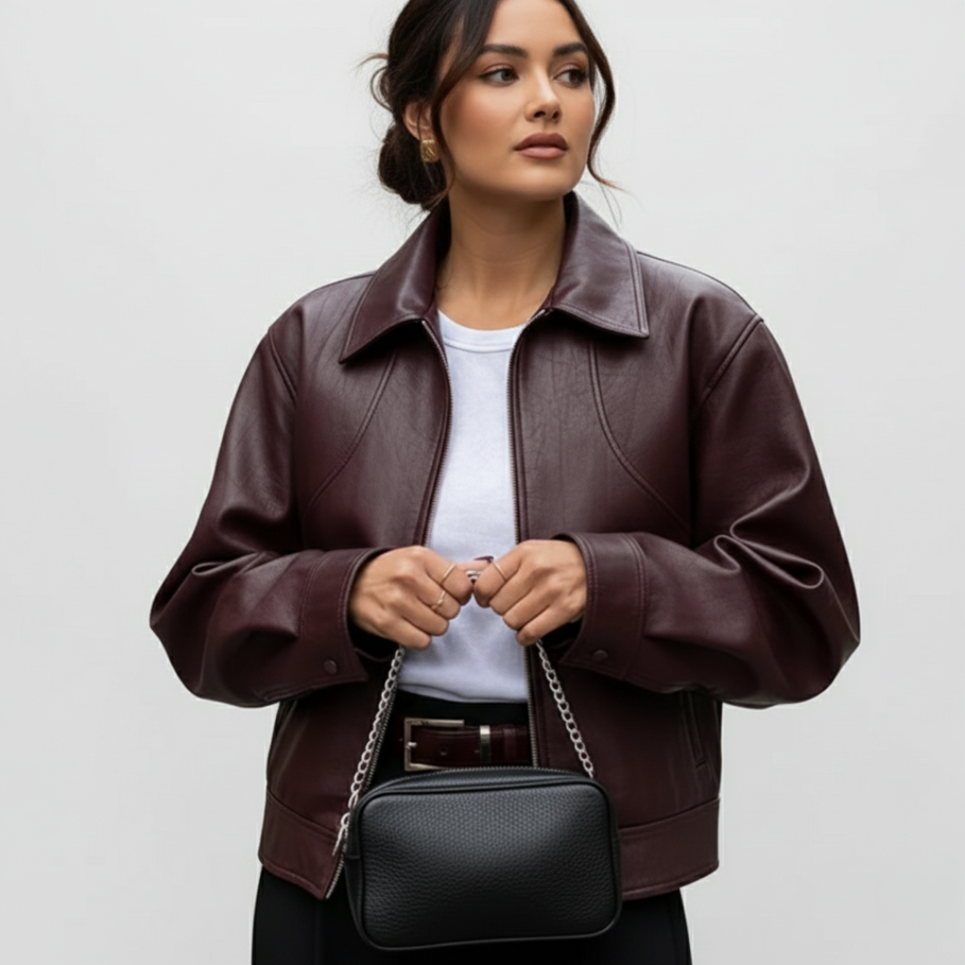 Women’s Cropped Faux Leather Jacket – Vintage Zip-Up Moto Style