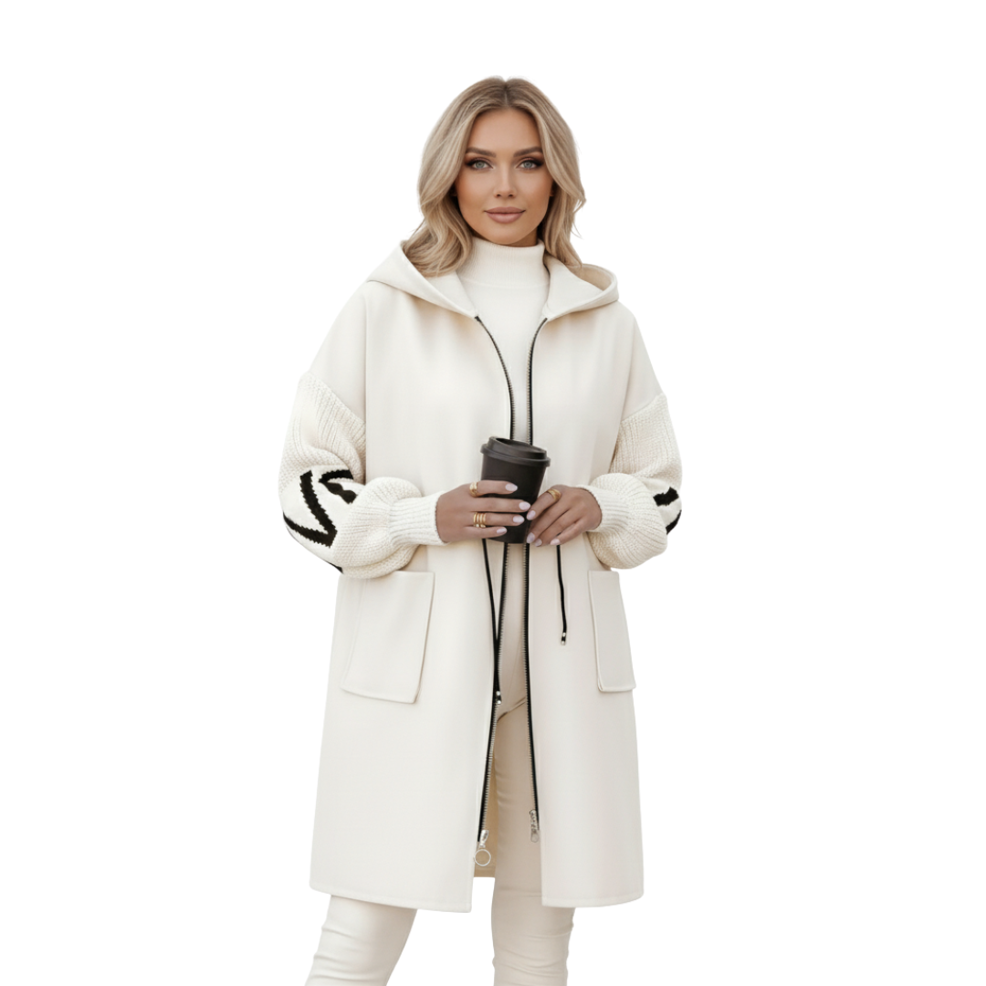 Women’s Long Hooded Winter Coat – Casual Warm Knit-Sleeve Coat with Pockets