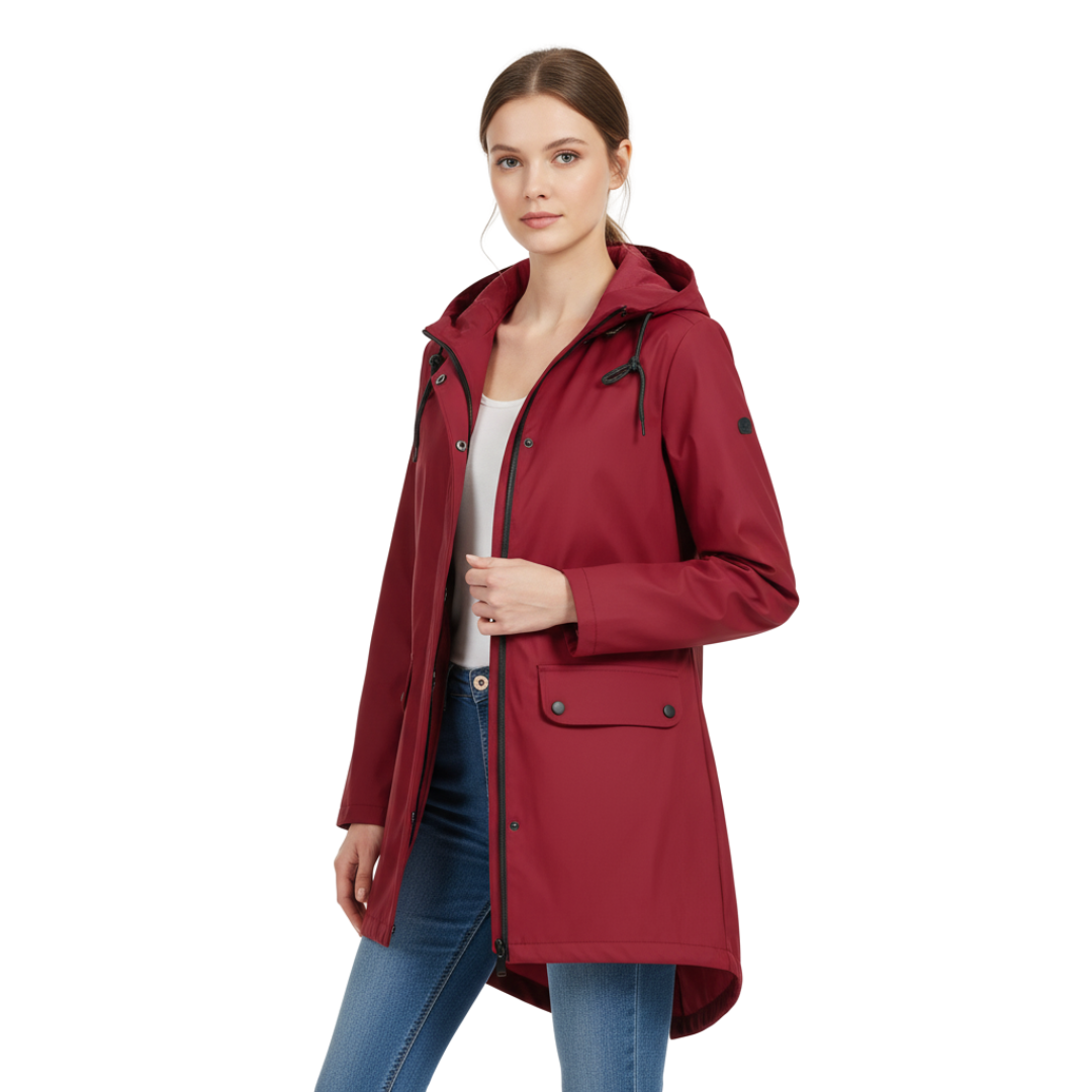 Women’s Long Waterproof Hooded Raincoat – Lightweight Windproof Jacket with Pockets