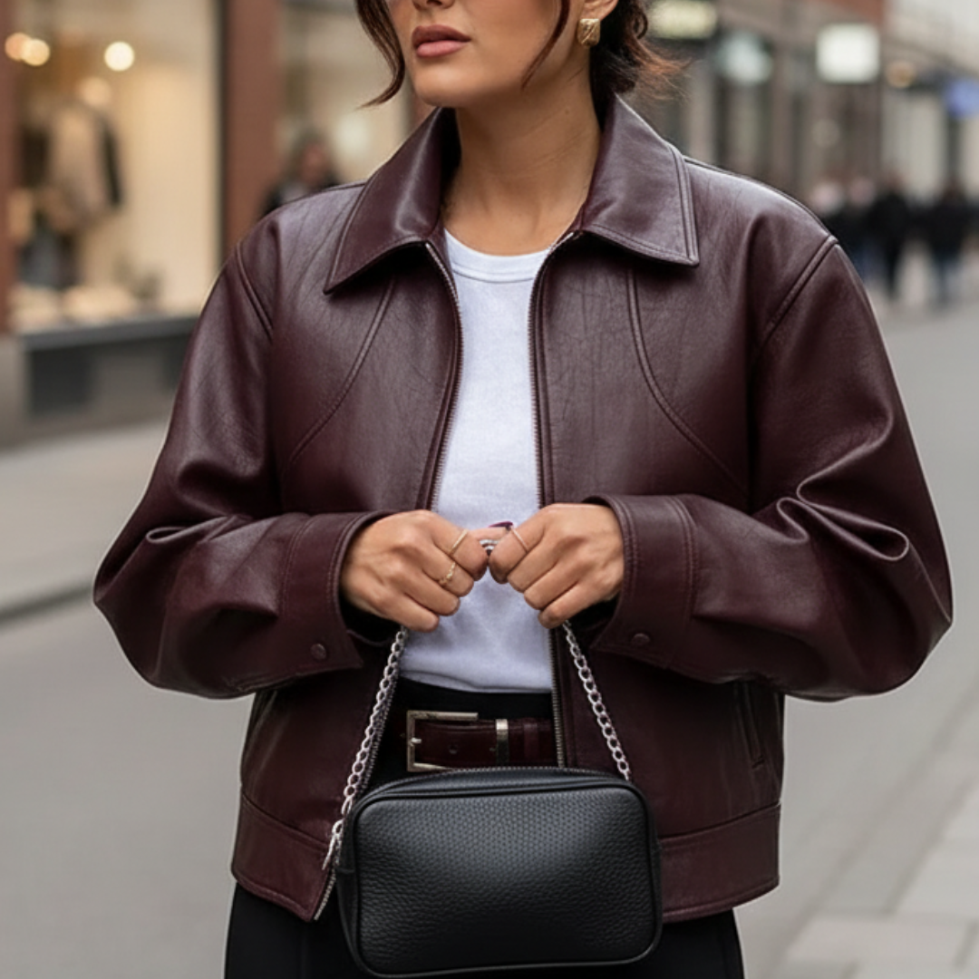 Women’s Cropped Faux Leather Jacket – Vintage Zip-Up Moto Style