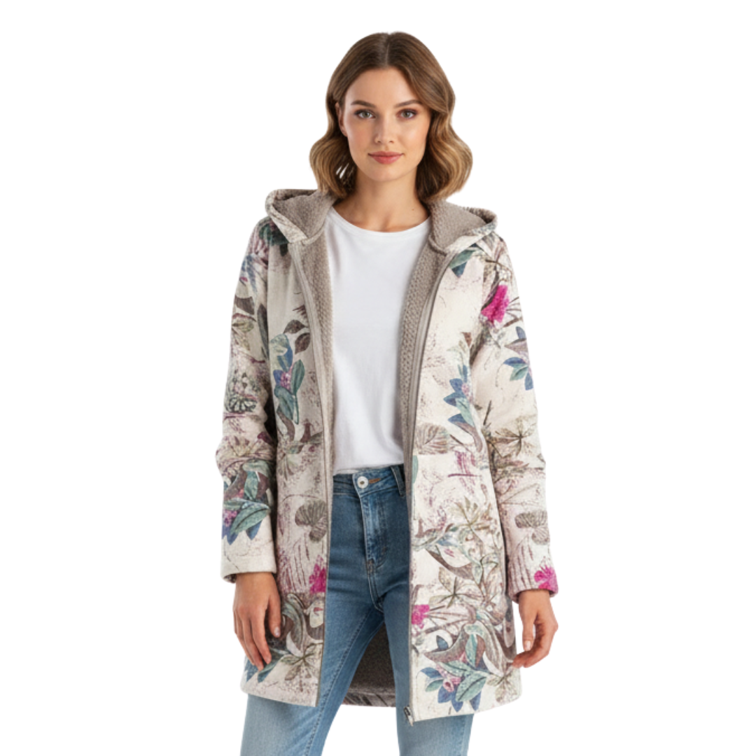 Women’s Lined Winter Parka with Hood – Becca Floral Patch Fleece Coat