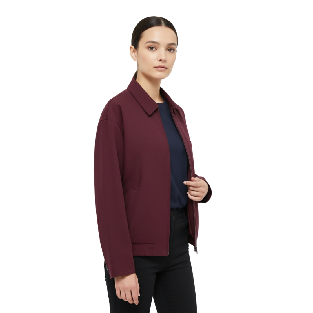 Women’s Relaxed Collar Jacket – Minimalist Zip-Up Wine Coat