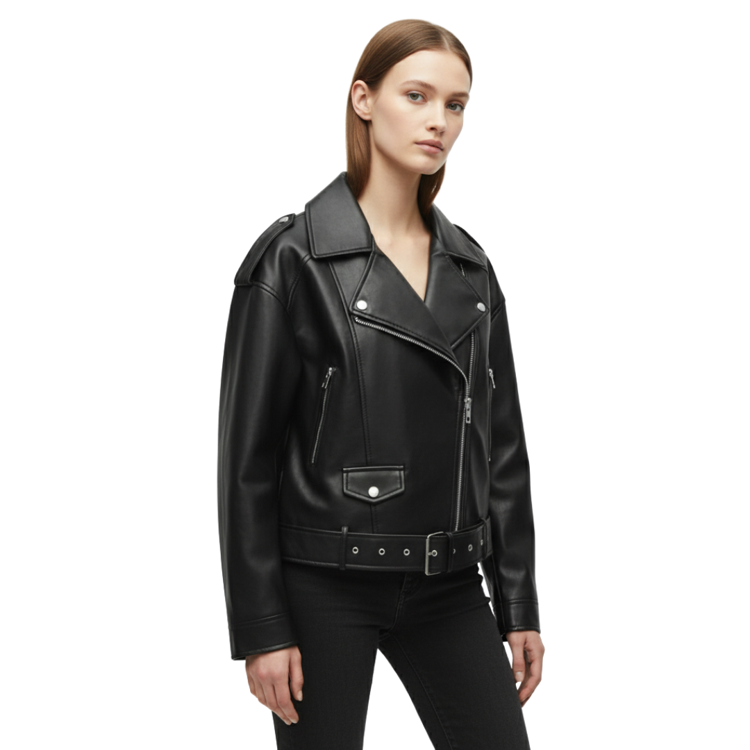 Women’s Faux Leather Biker Jacket – Stormline Cropped Moto Jacket with Belt