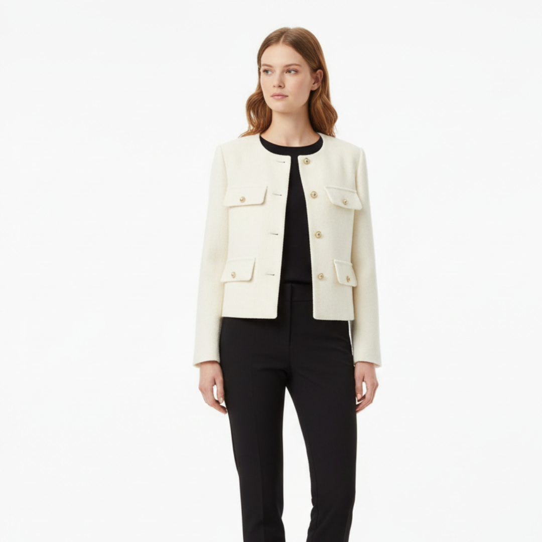 Women’s Cropped Bouclé Tweed Jacket – Elegant Gold Button Cardigan Blazer