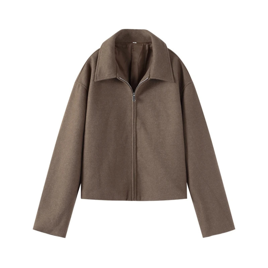 Women’s Cropped Wool-Blend Zip Jacket – Minimalist Wide Sleeve Coat