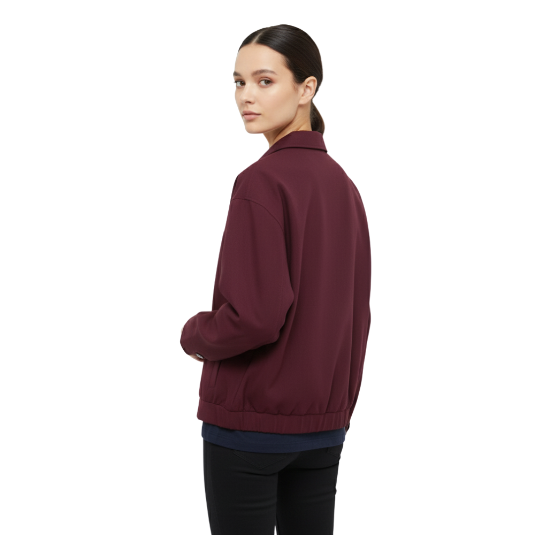 Women’s Relaxed Collar Jacket – Minimalist Zip-Up Wine Coat