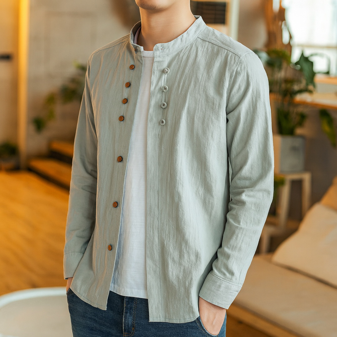 Cotton Long Sleeve Sweater Shirt with Mandarin Collar – Sjors Vest