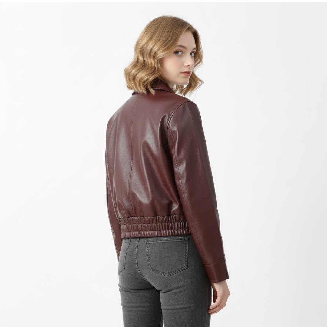 Women’s Cropped Faux Leather Jacket – Zip-Up Moto Style (Wine Red)