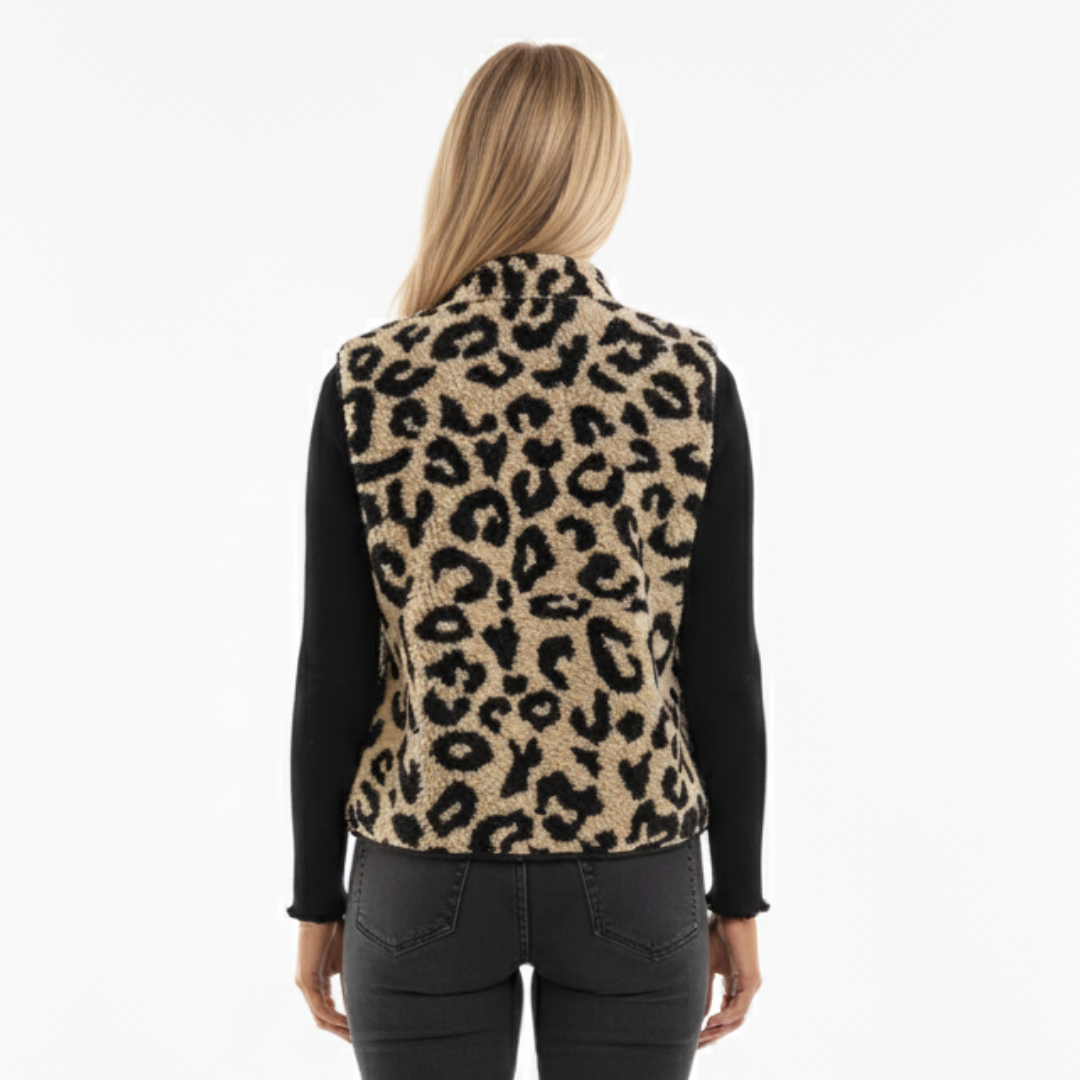 Women’s Leopard Print Fleece Vest – Warm Fuzzy Sherpa Sweater Vest