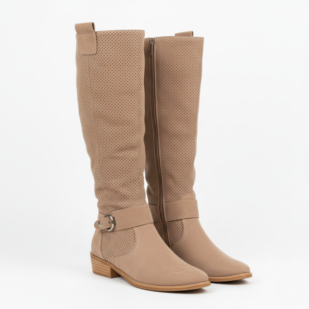 Women’s Suede Knee-High Boots – Khaki Perforated Tall Boots