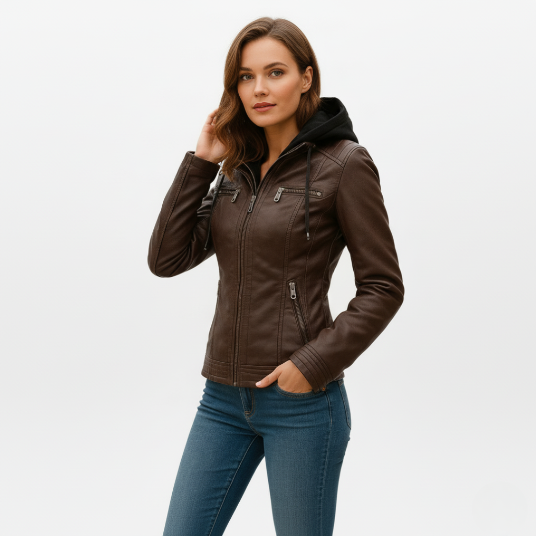 Women’s Waterproof Vegan Leather Biker Jacket with Hood