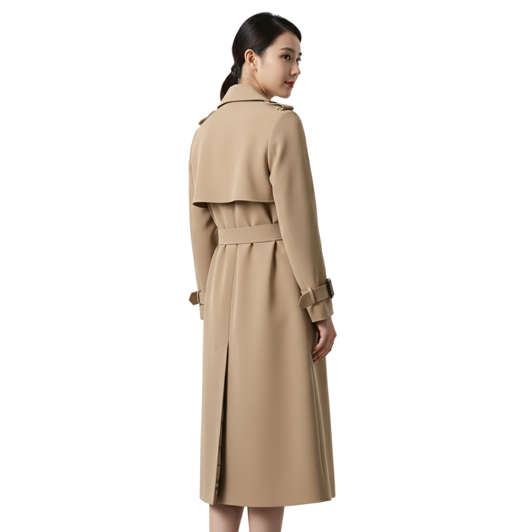 Women’s Long Double-Breasted Trench Coat – Belted Classic Overcoat
