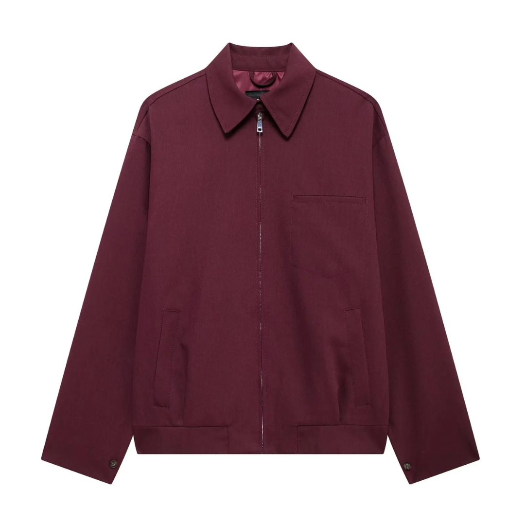Women’s Relaxed Collar Jacket – Minimalist Zip-Up Wine Coat