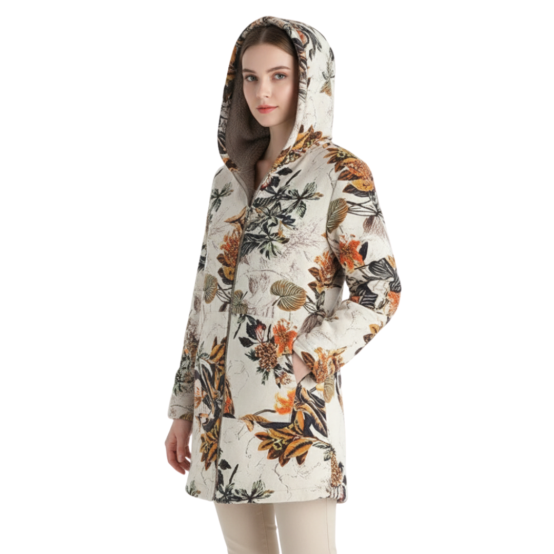 Women’s Lined Winter Parka with Hood – Becca Floral Patch Fleece Coat