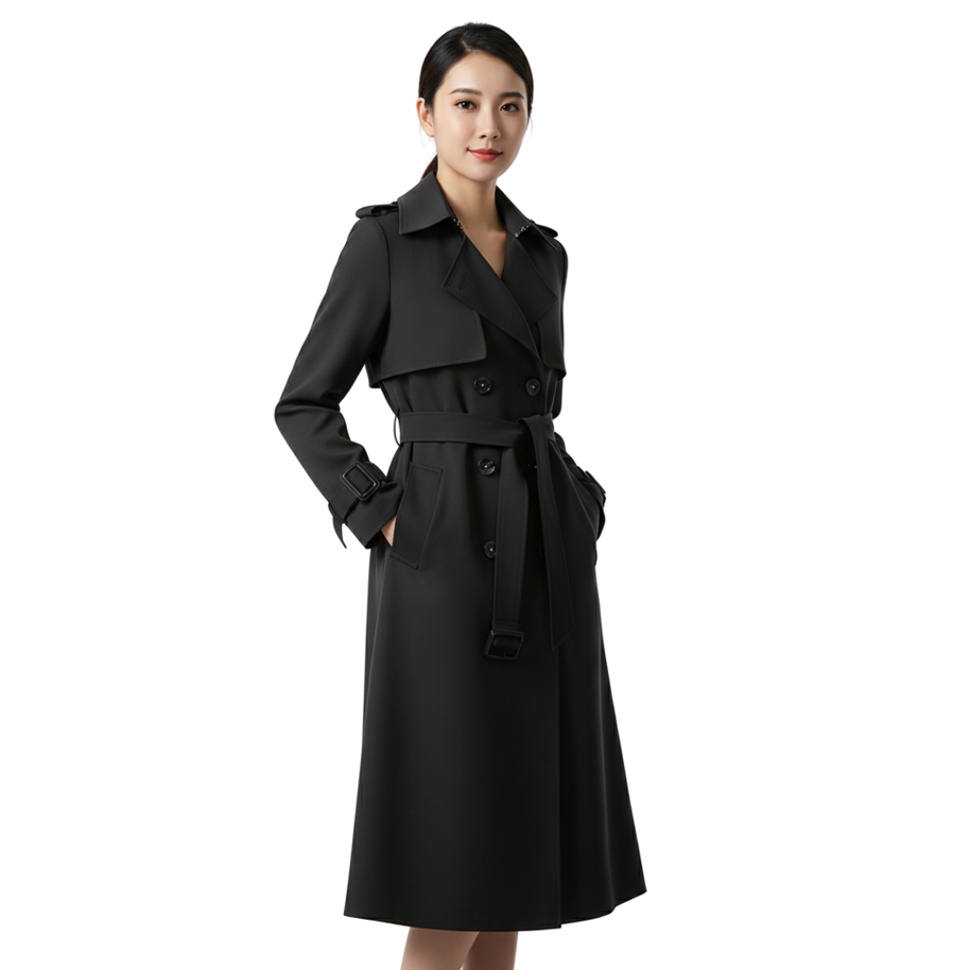 Women’s Long Double-Breasted Trench Coat – Belted Classic Overcoat