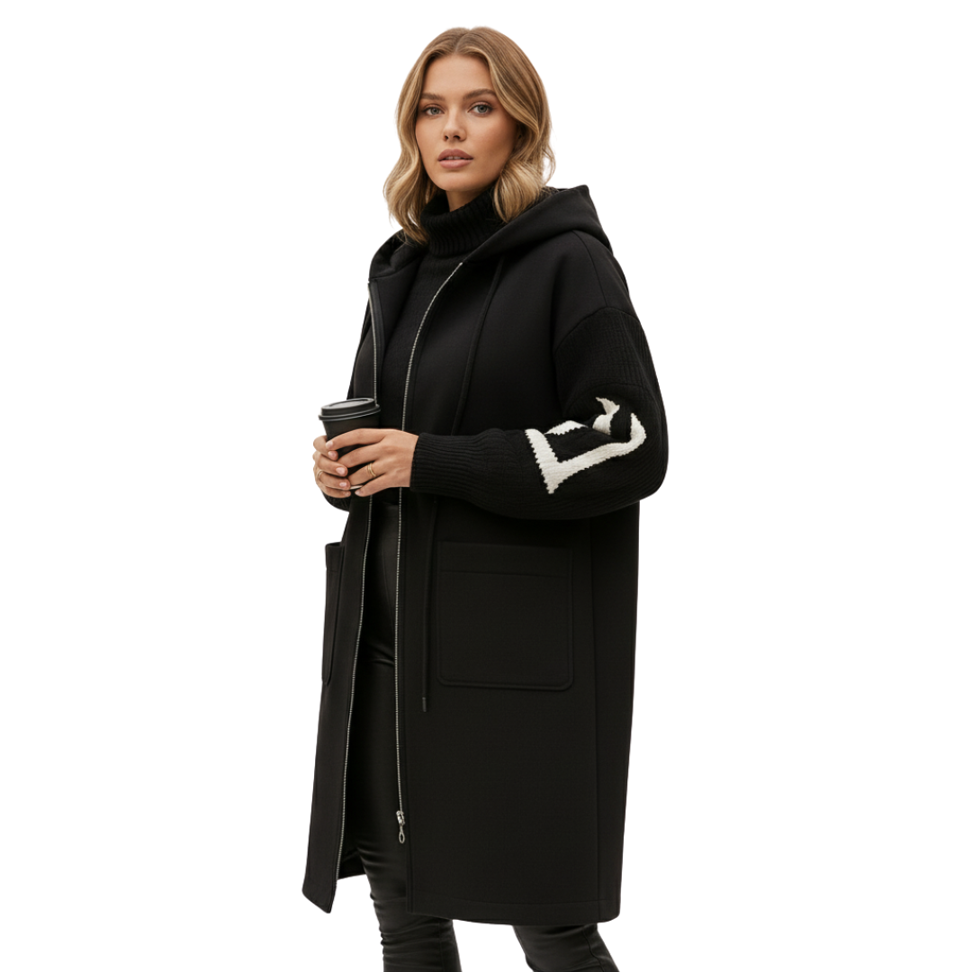 Women’s Long Hooded Winter Coat – Casual Warm Knit-Sleeve Coat with Pockets