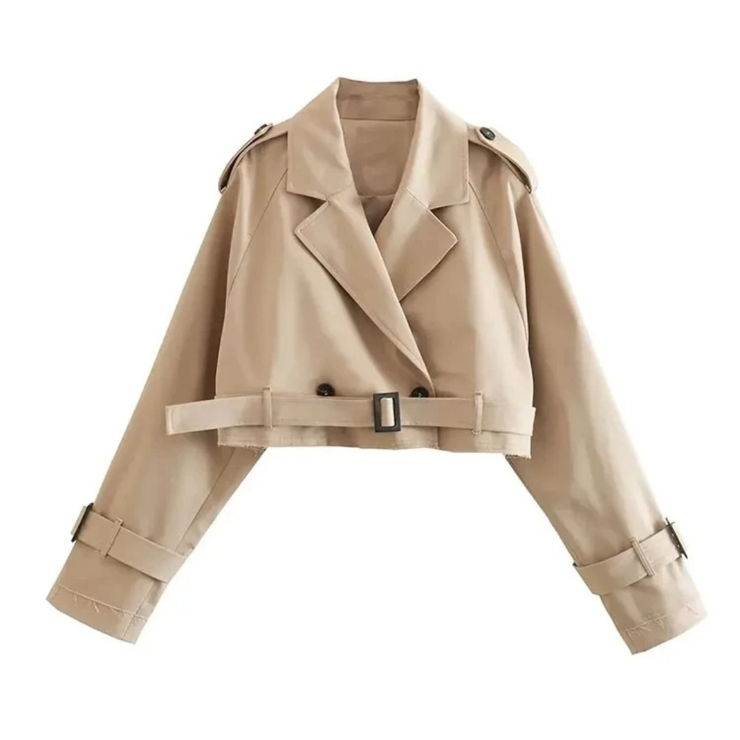 Women’s Cropped Trench Coat – Double-Breasted Belted Short Jacket