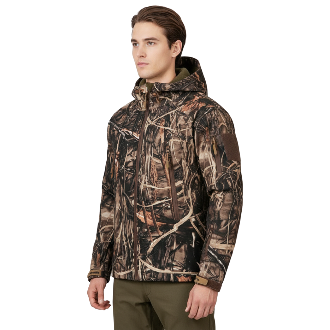 Men’s Waterproof Camo Softshell Jacket – Windproof Hunting Fleece with Hood