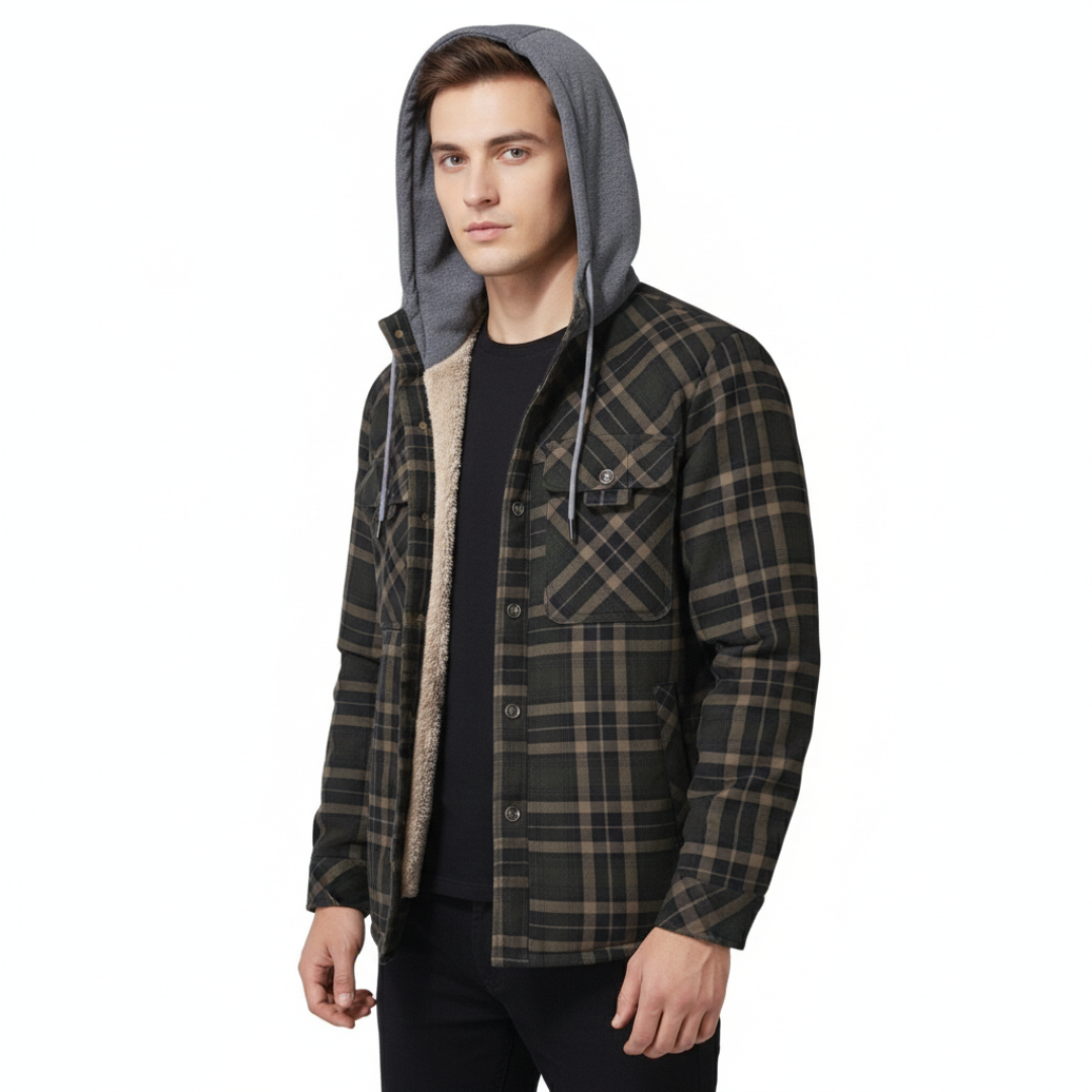 Men’s Hooded Sherpa-Lined Flannel Jacket – Warm Winter Plaid Shirt Jacket