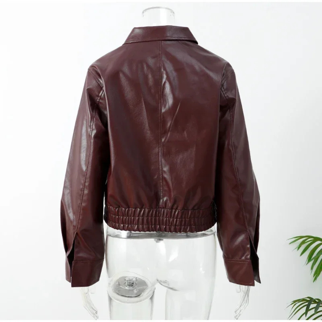 Women’s Cropped Faux Leather Jacket – Zip-Up Moto Style (Wine Red)