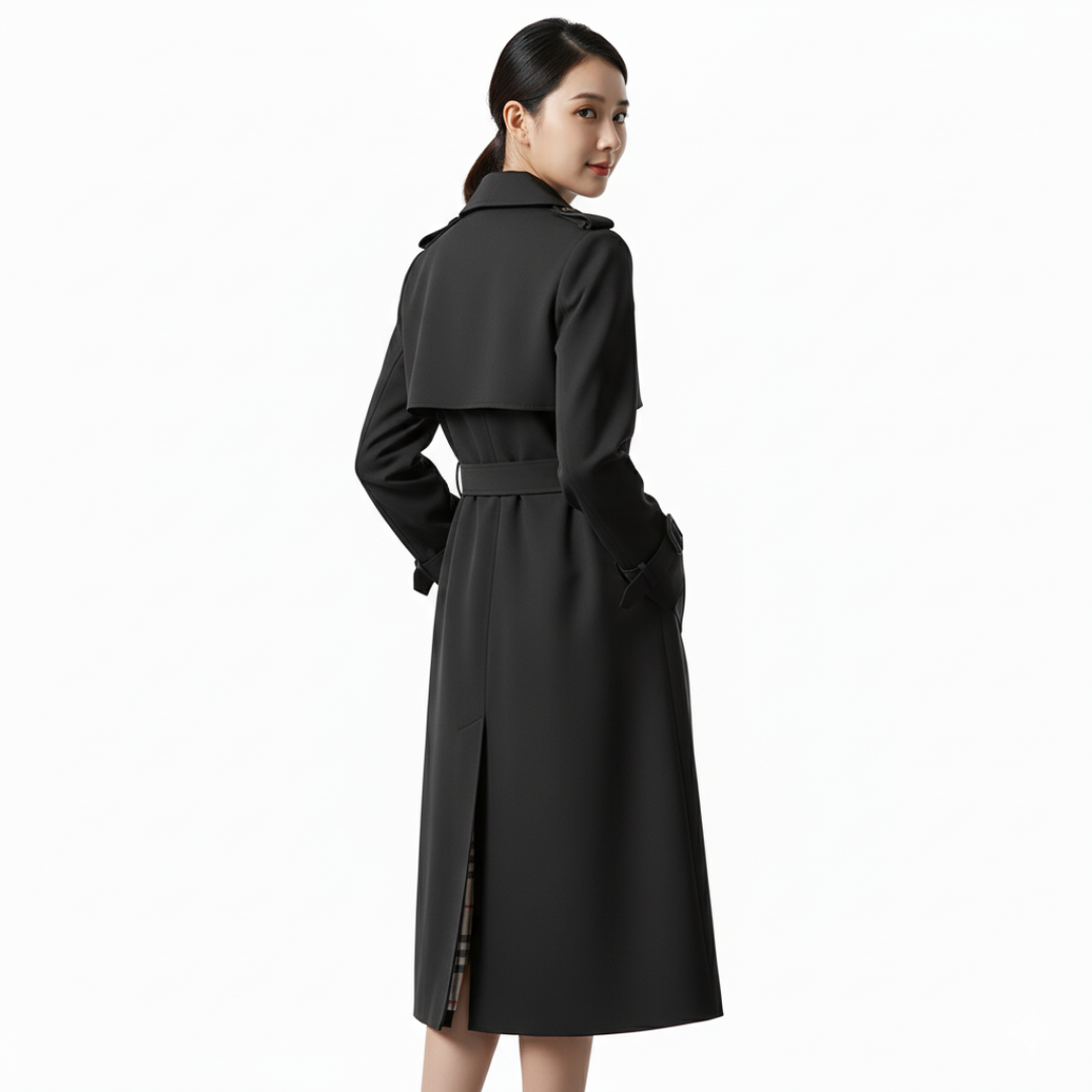 Women’s Long Double-Breasted Trench Coat – Belted Classic Overcoat