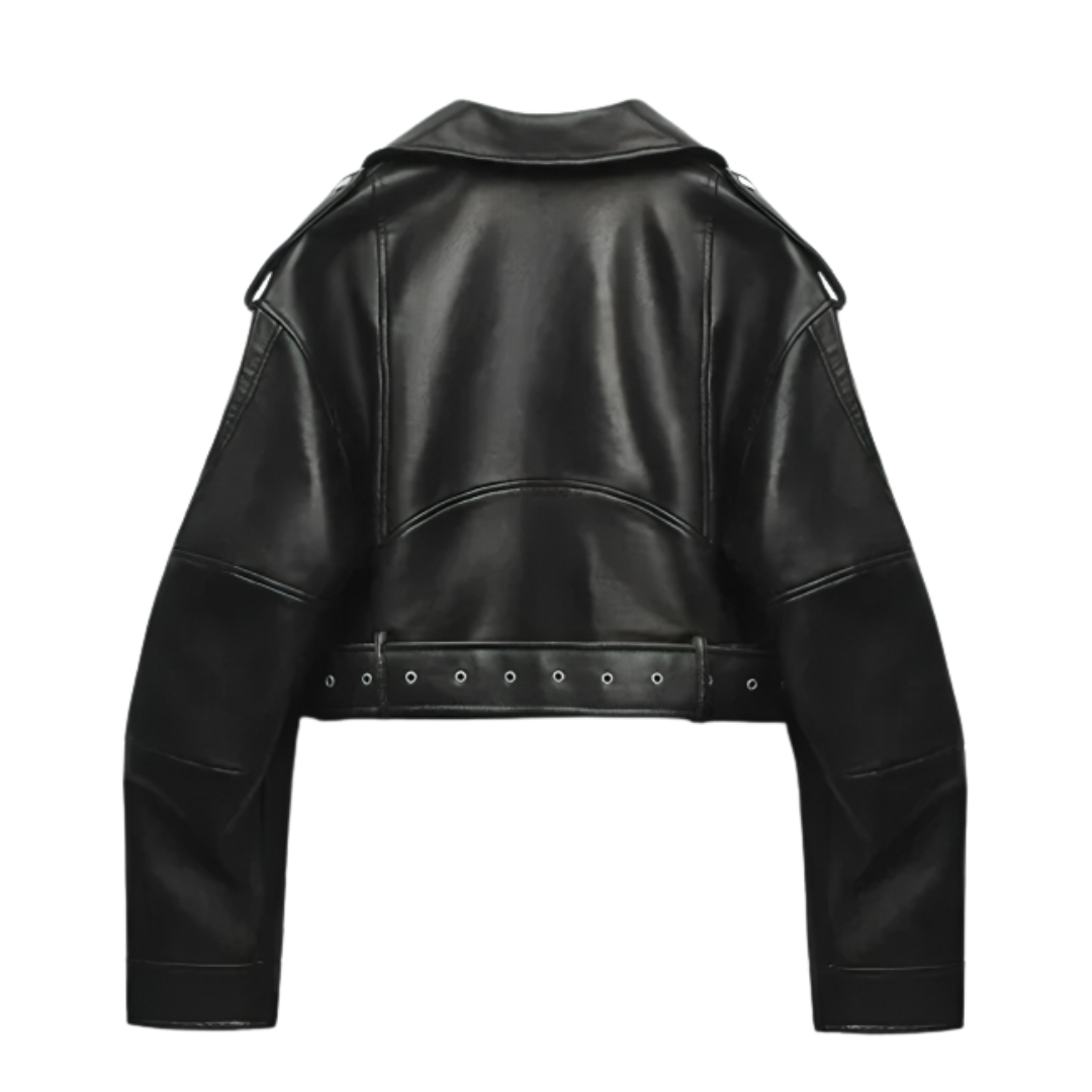 Women’s Faux Leather Biker Jacket – Stormline Cropped Moto Jacket with Belt