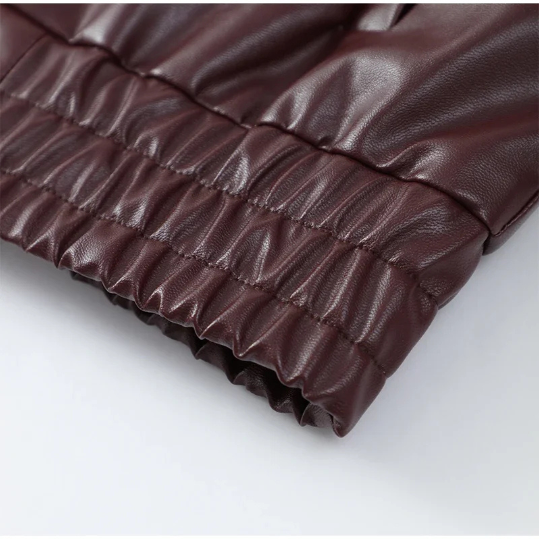 Women’s Cropped Faux Leather Jacket – Zip-Up Moto Style (Wine Red)