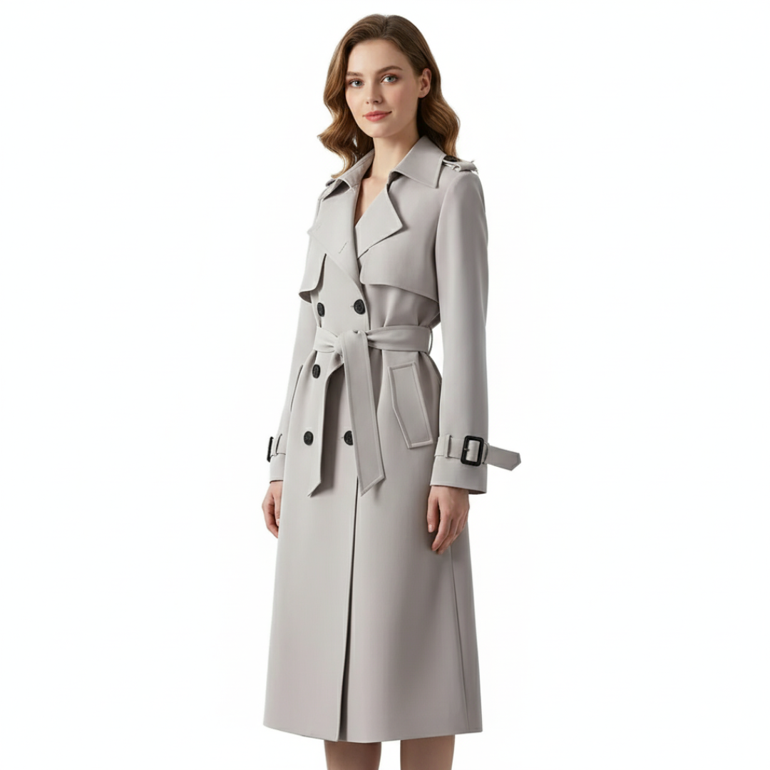 Women’s Long Double-Breasted Trench Coat – Belted Classic Overcoat