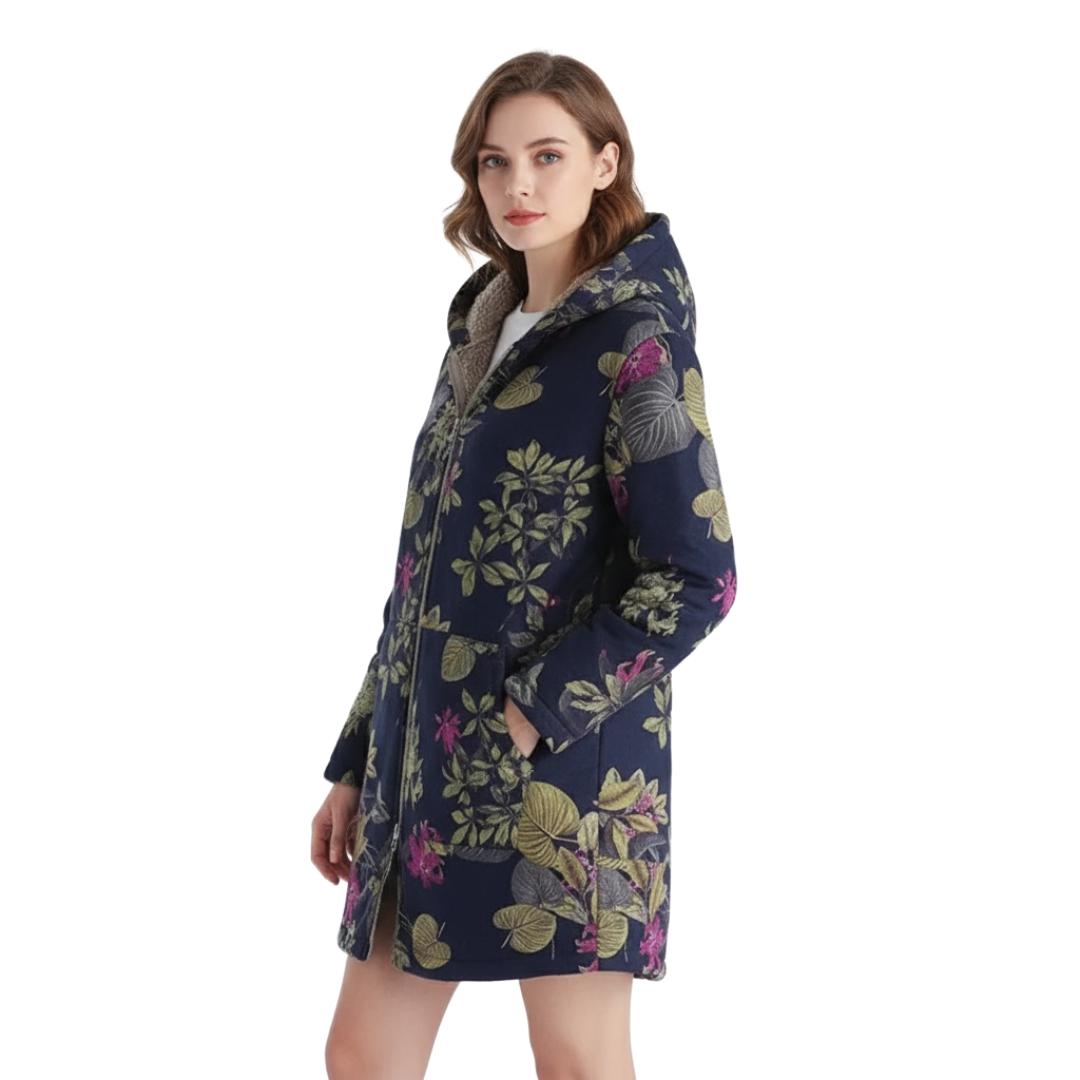 Women’s Lined Winter Parka with Hood – Becca Floral Patch Fleece Coat