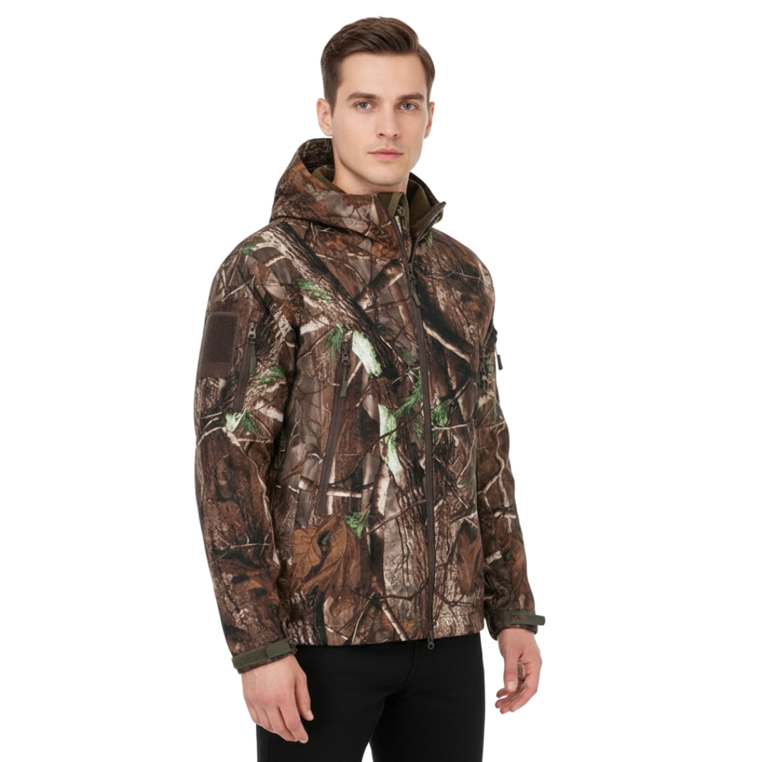 Men’s Waterproof Camo Softshell Jacket – Windproof Hunting Fleece with Hood