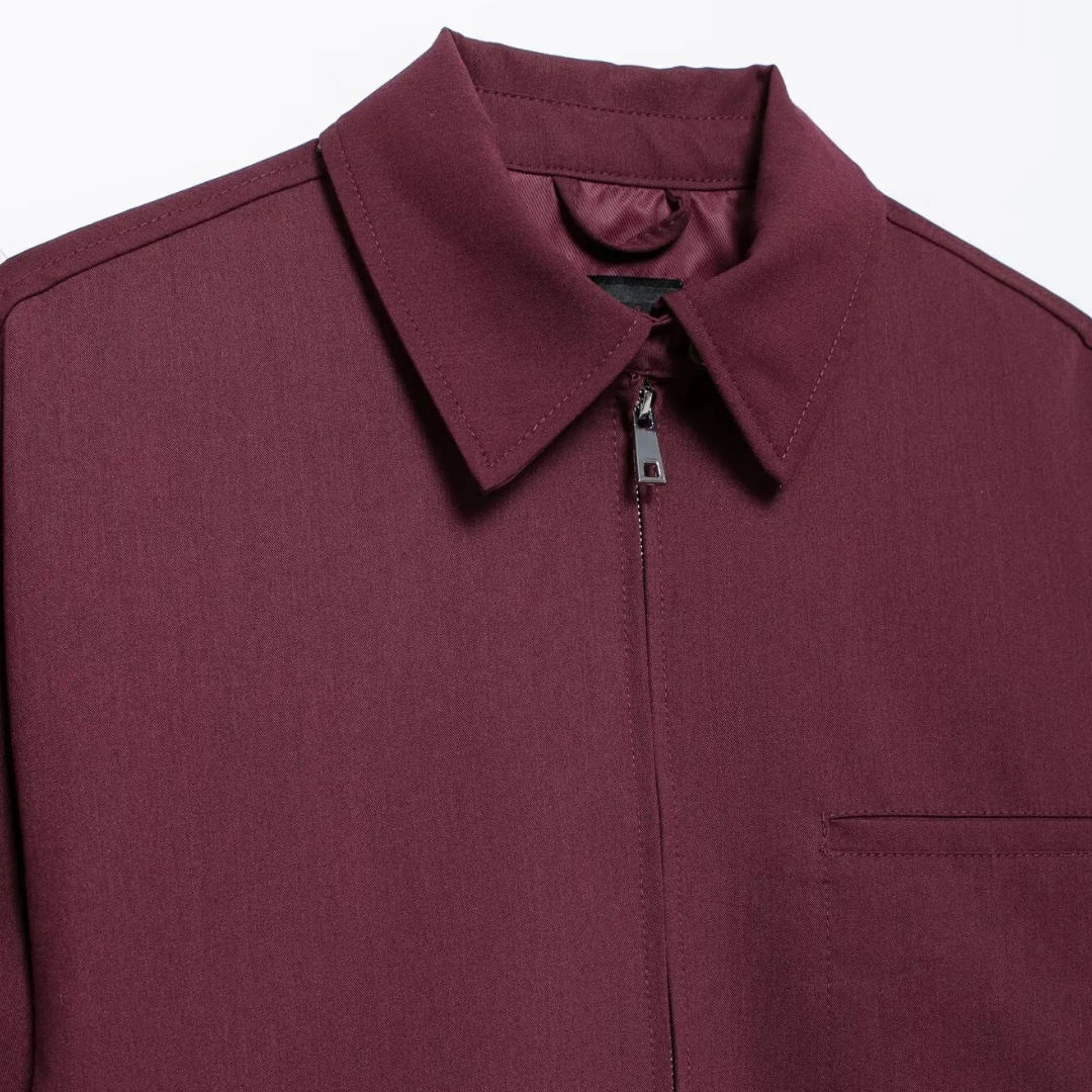 Women’s Relaxed Collar Jacket – Minimalist Zip-Up Wine Coat