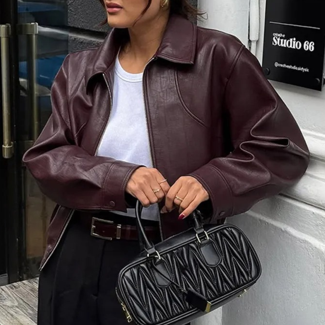 Women’s Cropped Faux Leather Jacket – Vintage Zip-Up Moto Style