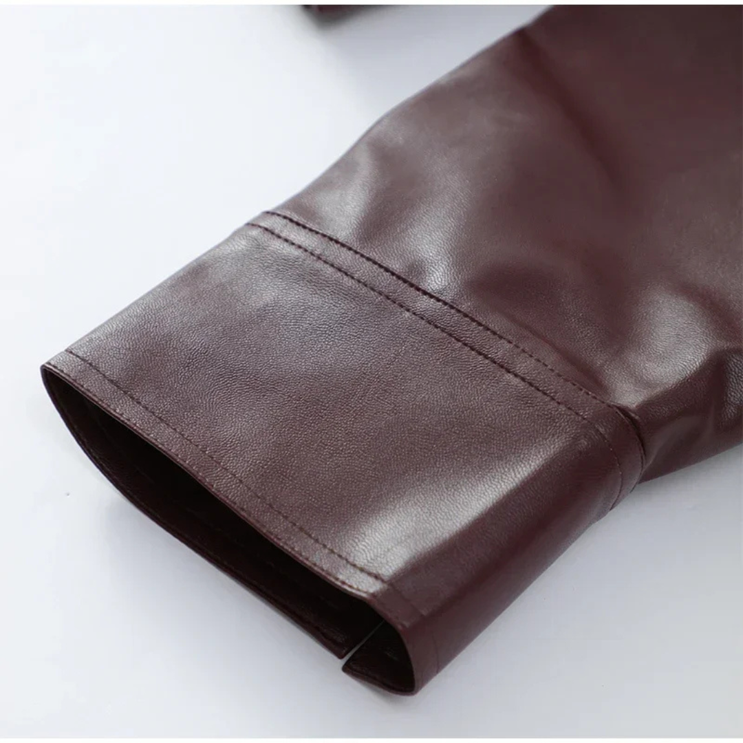 Women’s Cropped Faux Leather Jacket – Zip-Up Moto Style (Wine Red)