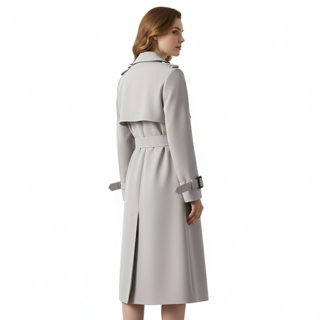 Women’s Long Double-Breasted Trench Coat – Belted Classic Overcoat