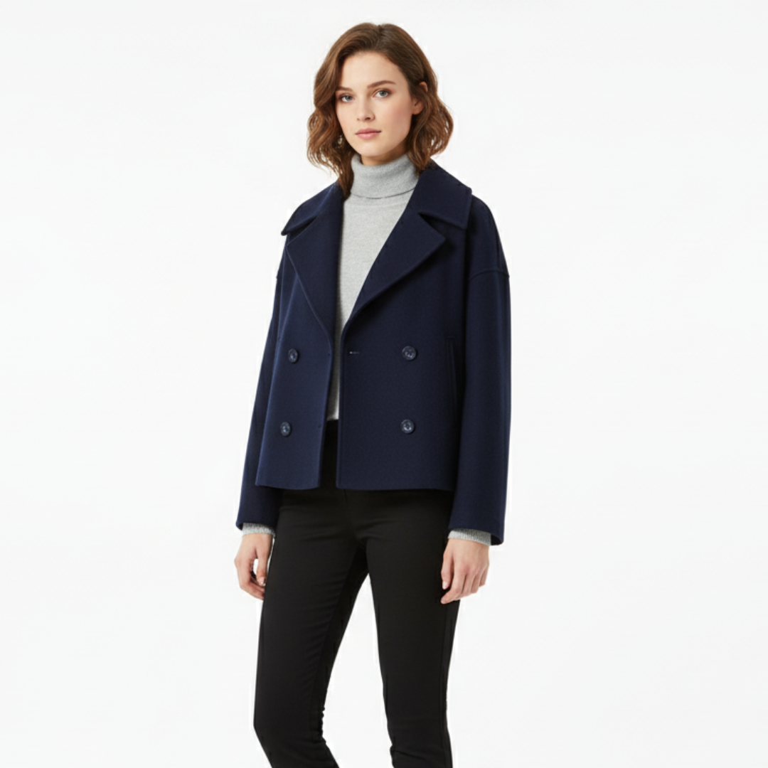 Women’s Cropped Wool Coat – Vintage Double-Breasted Jacket