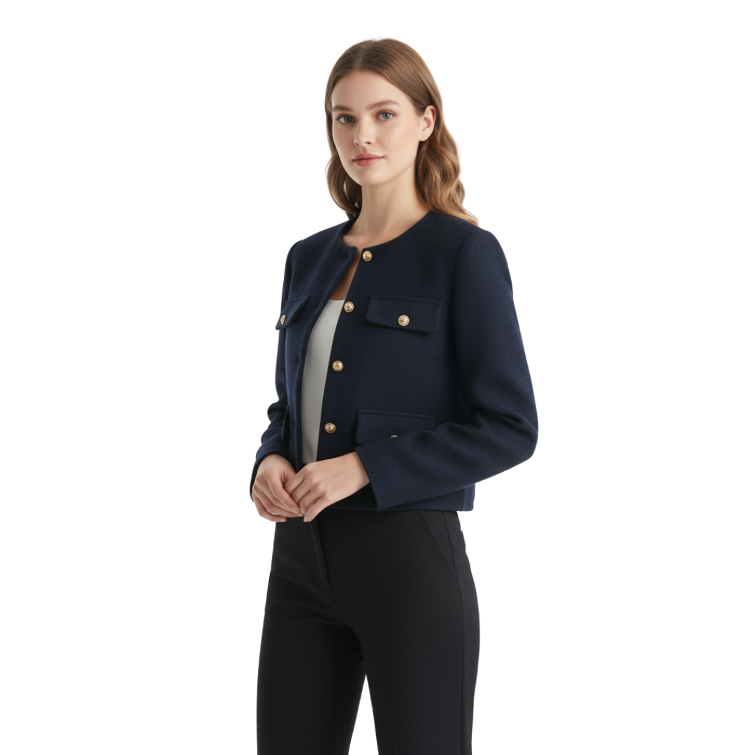 Women’s Cropped Bouclé Tweed Jacket – Elegant Gold Button Cardigan Blazer