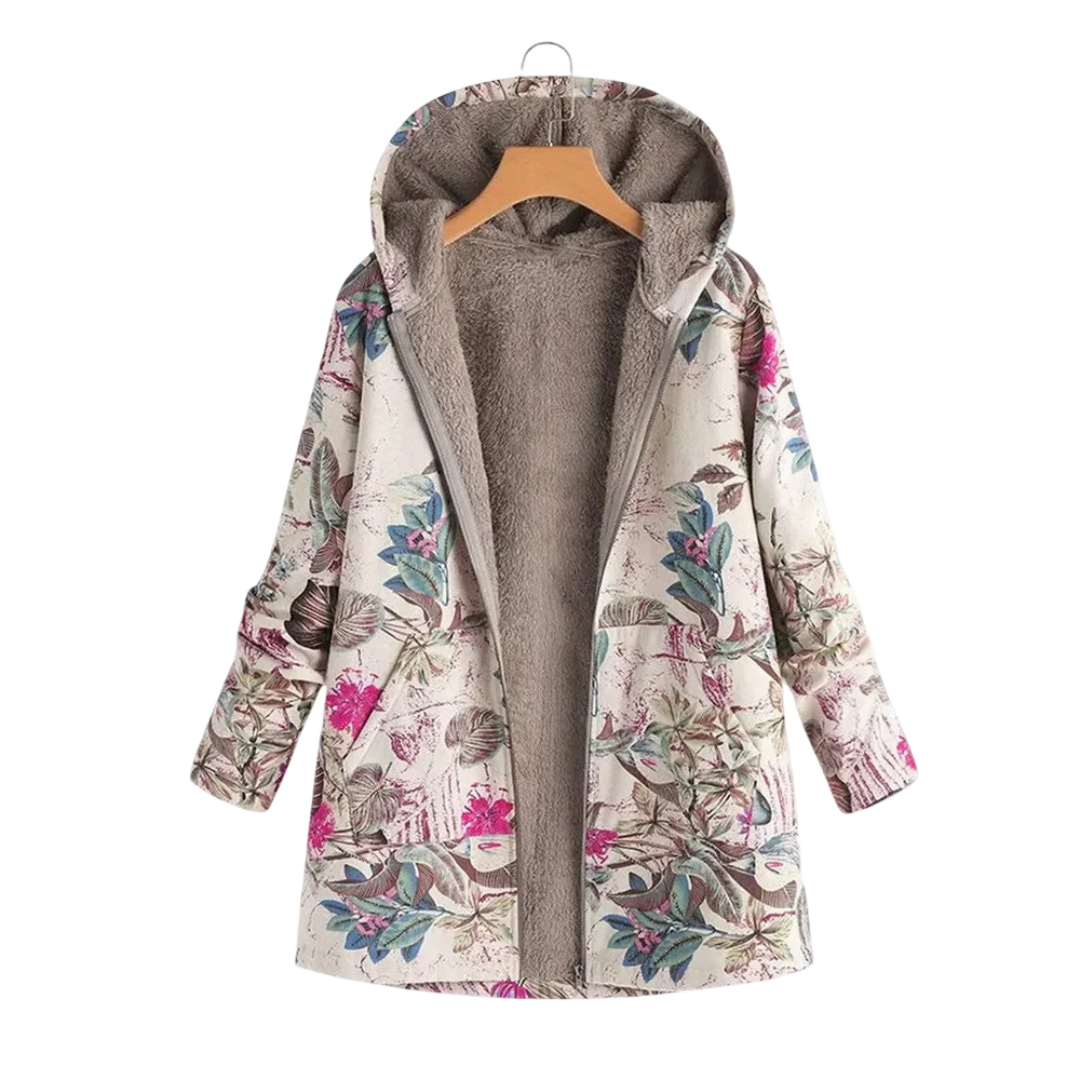 Women’s Lined Winter Parka with Hood – Becca Floral Patch Fleece Coat