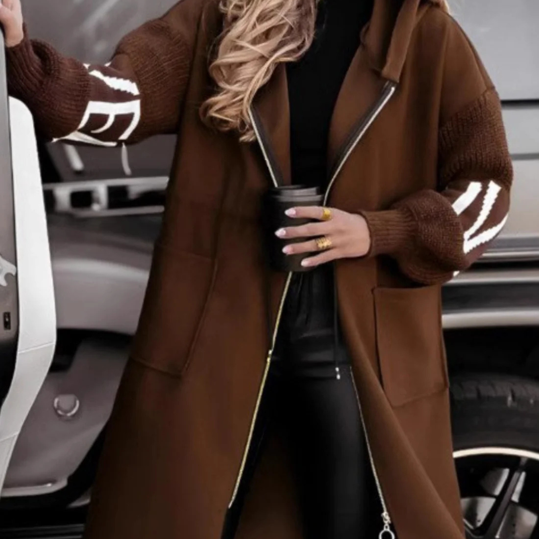 Women’s Long Hooded Winter Coat – Casual Warm Knit-Sleeve Coat with Pockets
