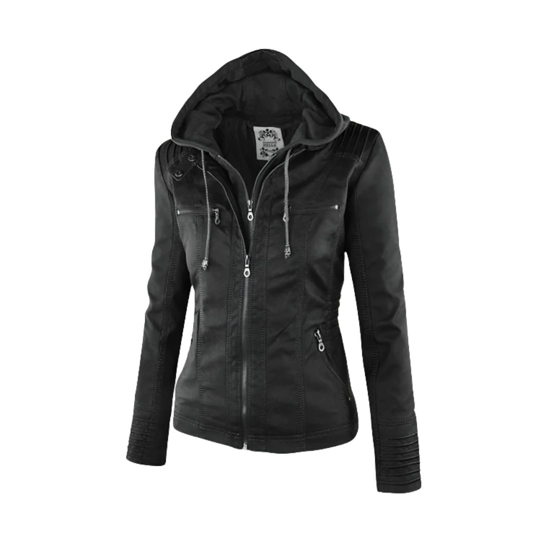 Women’s Waterproof Vegan Leather Biker Jacket with Hood