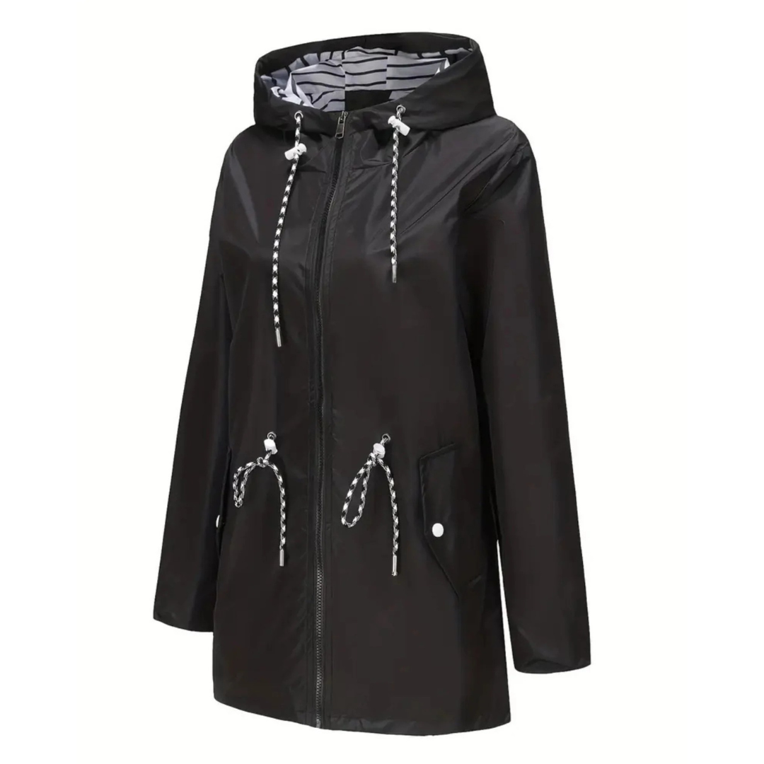 Women’s Waterproof Lightweight Jacket with Adjustable Waist – Hooded Raincoat