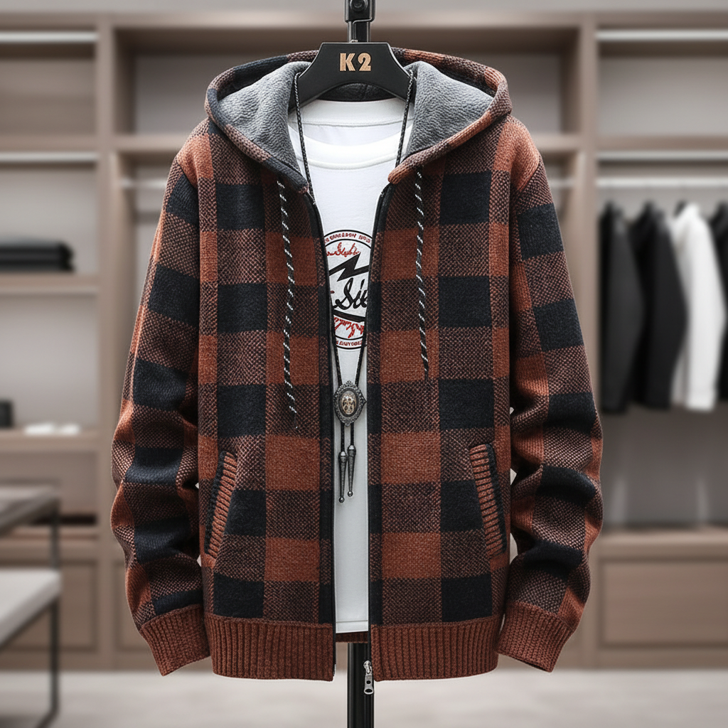 Nordspur | Hooded Plaid Knit Cardigan